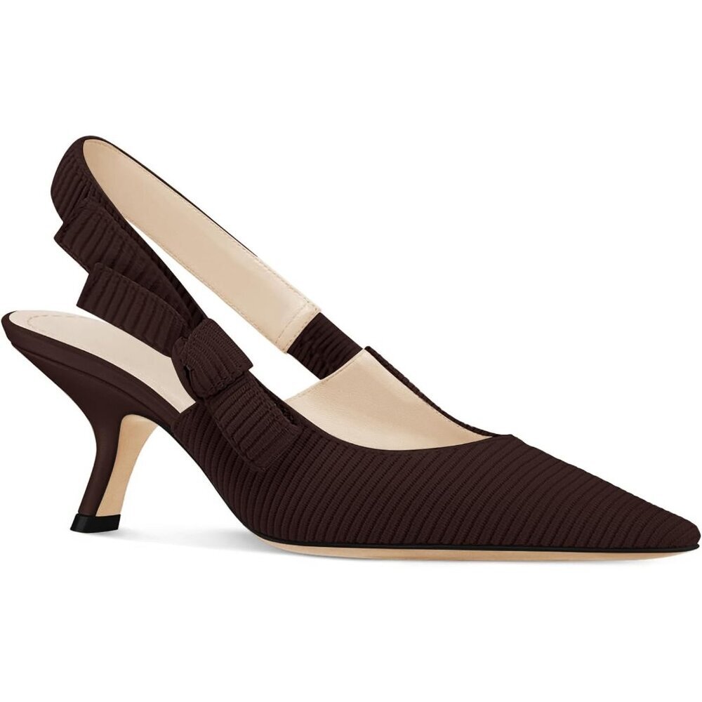 Women's Dark Brown Kitten Heels Closed Pointed Toe Bowknot Knitted Slip On